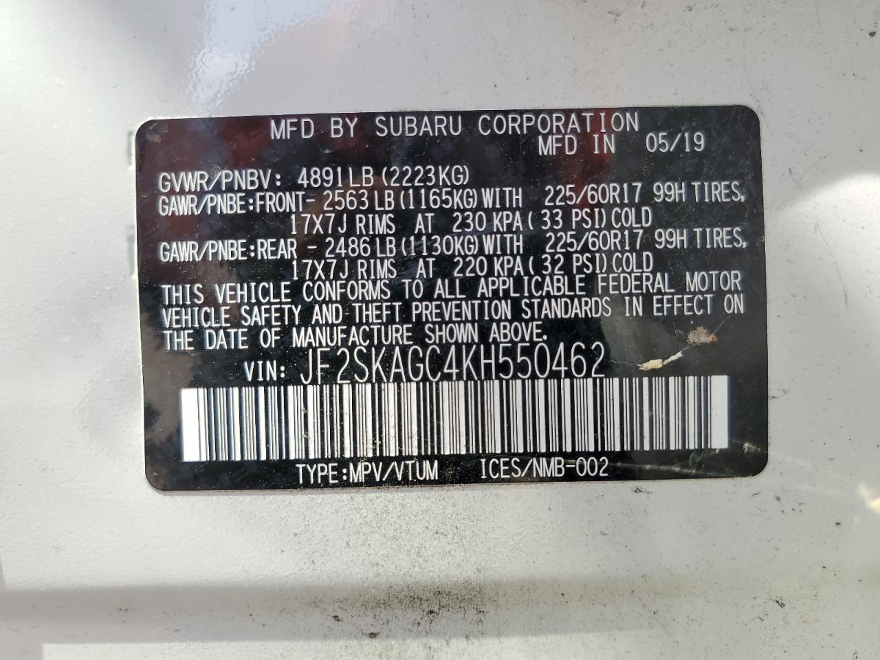 2019 Subaru Forester Premium VIN: JF2SKAGC4KH550462 Lot: 63767354