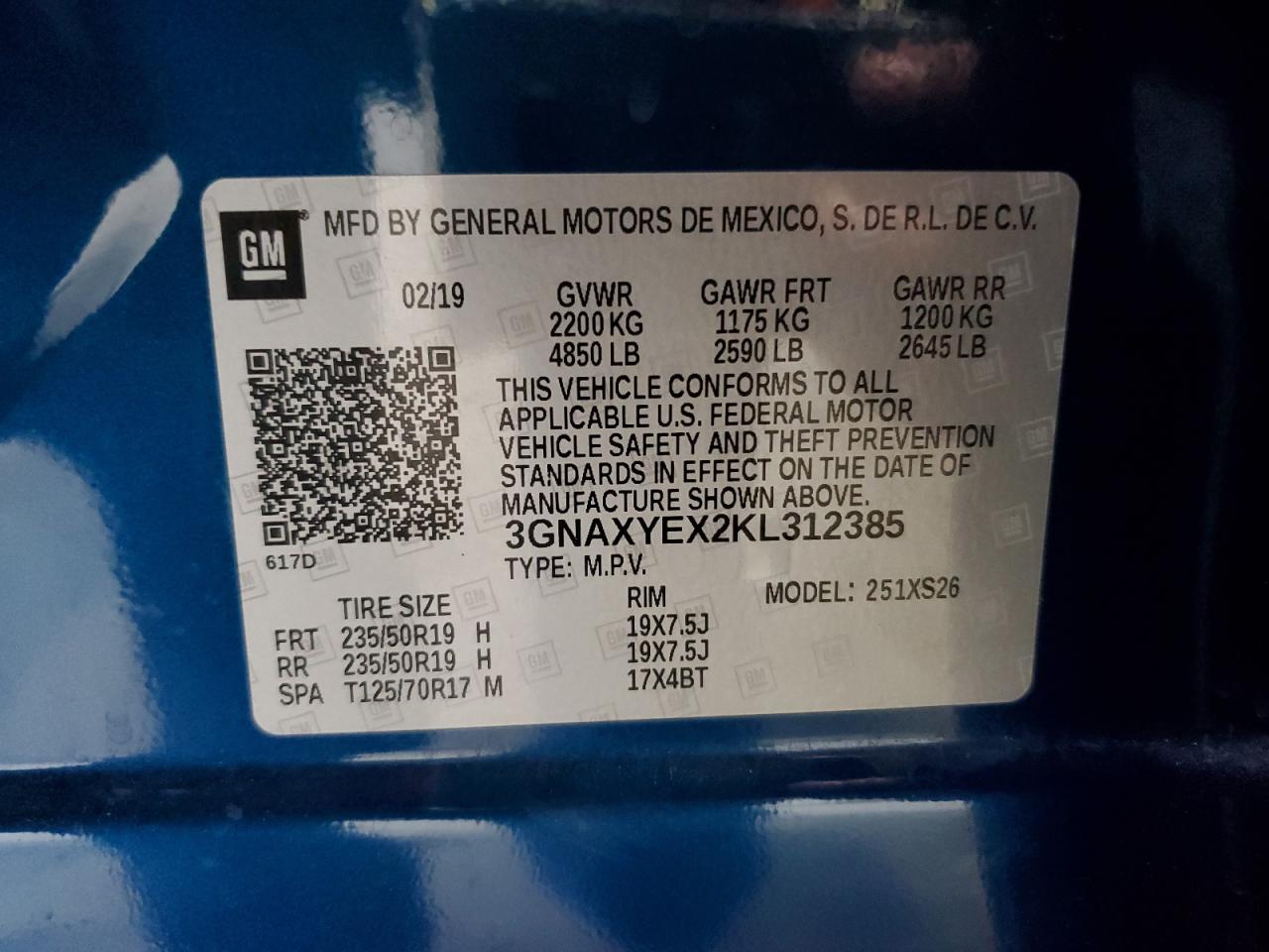 2019 Chevrolet Equinox Premier VIN: 3GNAXYEX2KL312385 Lot: 63032084