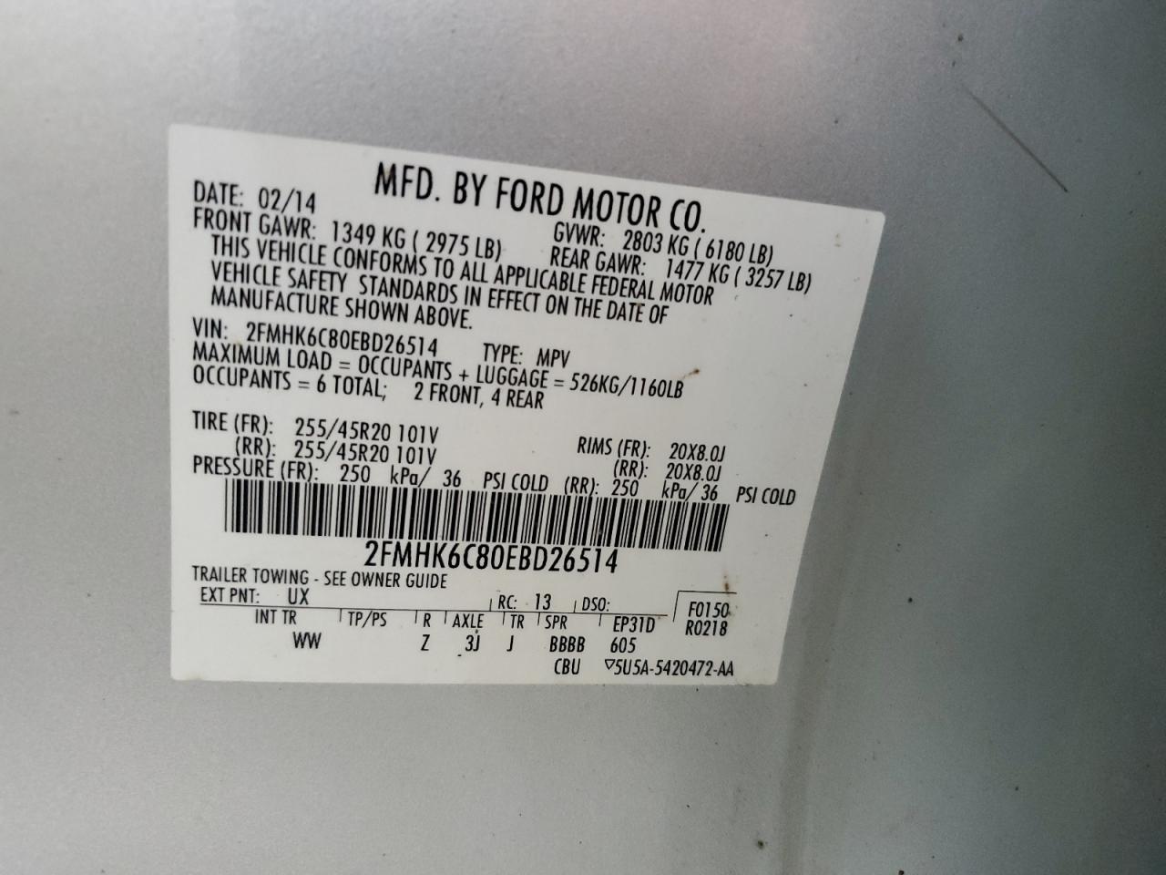 2014 Ford Flex Sel VIN: 2FMHK6C80EBD26514 Lot: 63687594