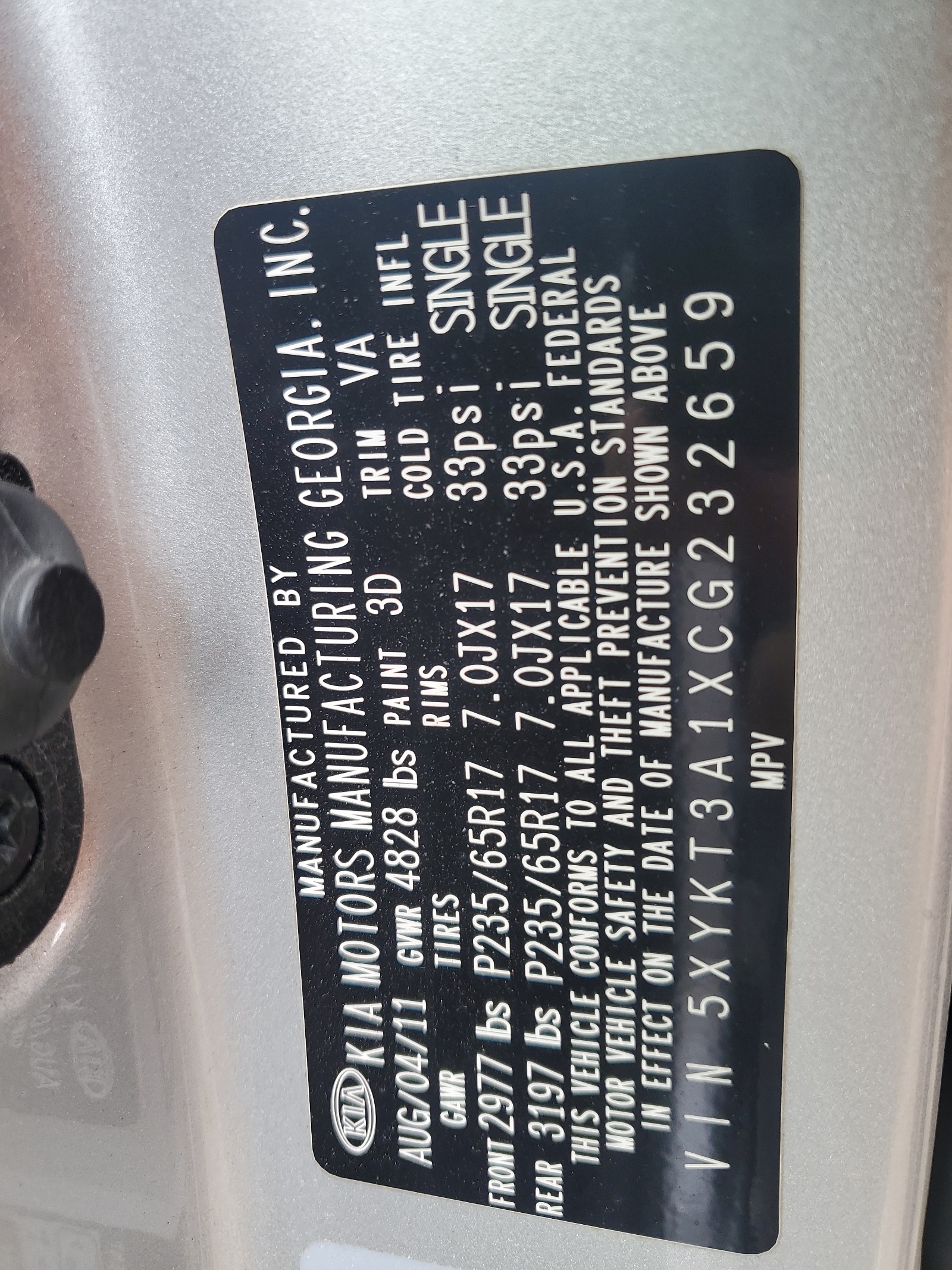 5XYKT3A1XCG232659 2012 Kia Sorento Base