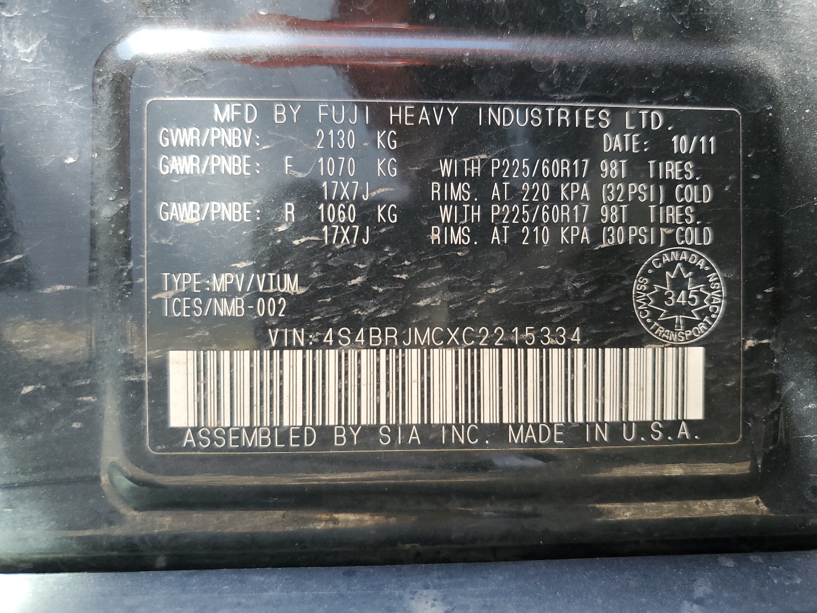 4S4BRJMCXC2215334 2012 Subaru Outback 3.6R Limited