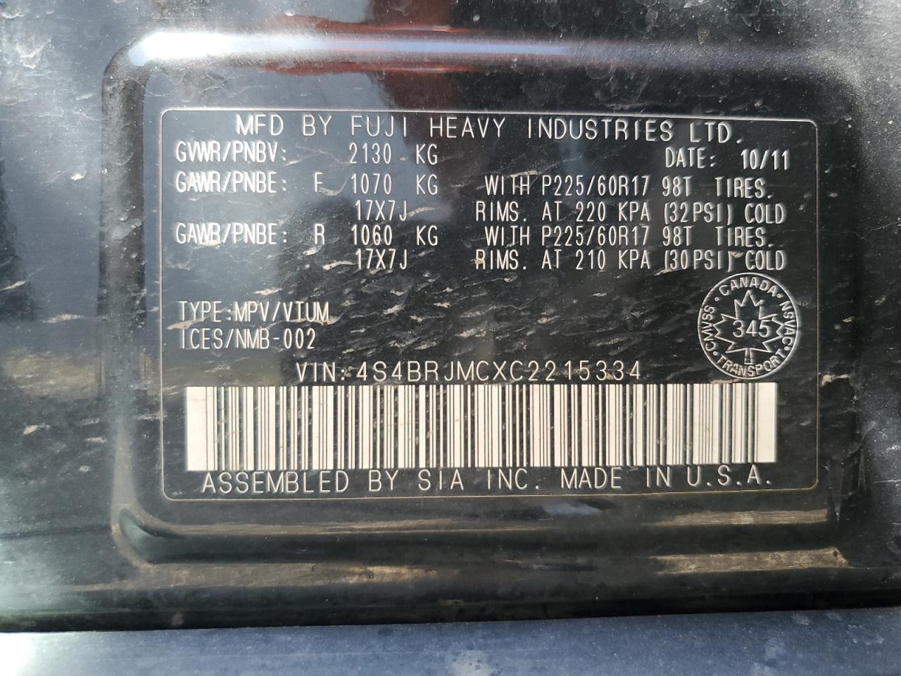 2012 Subaru Outback 3.6R Limited VIN: 4S4BRJMCXC2215334 Lot: 65236944