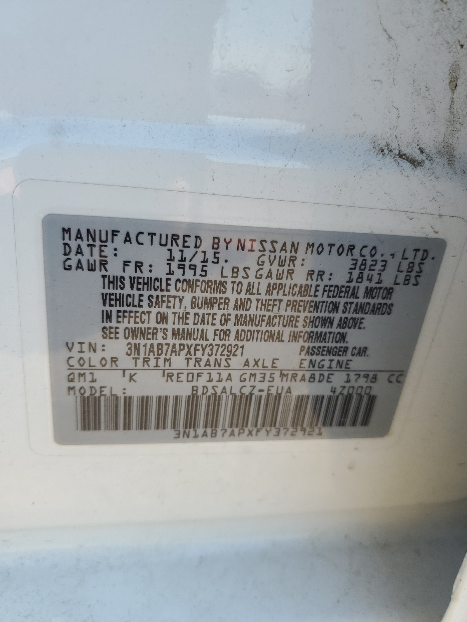 3N1AB7APXFY372921 2015 Nissan Sentra S