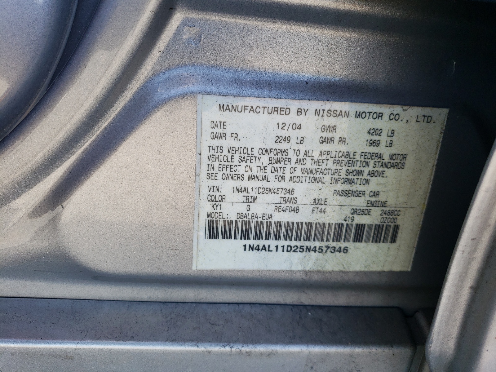1N4AL11D25N457346 2005 Nissan Altima S