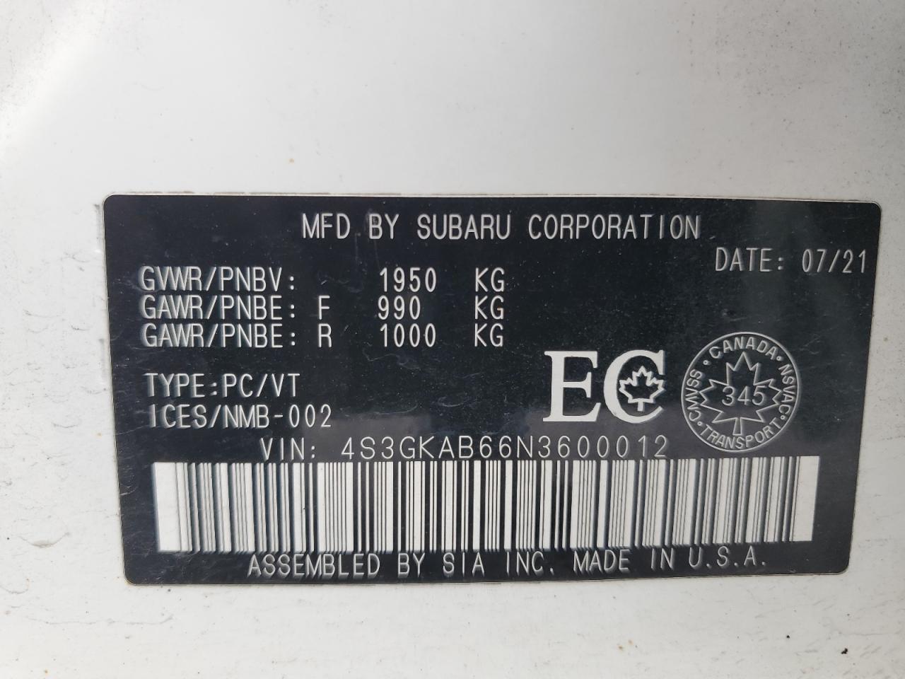 2022 Subaru Impreza VIN: 4S3GKAB66N3600012 Lot: 63189474