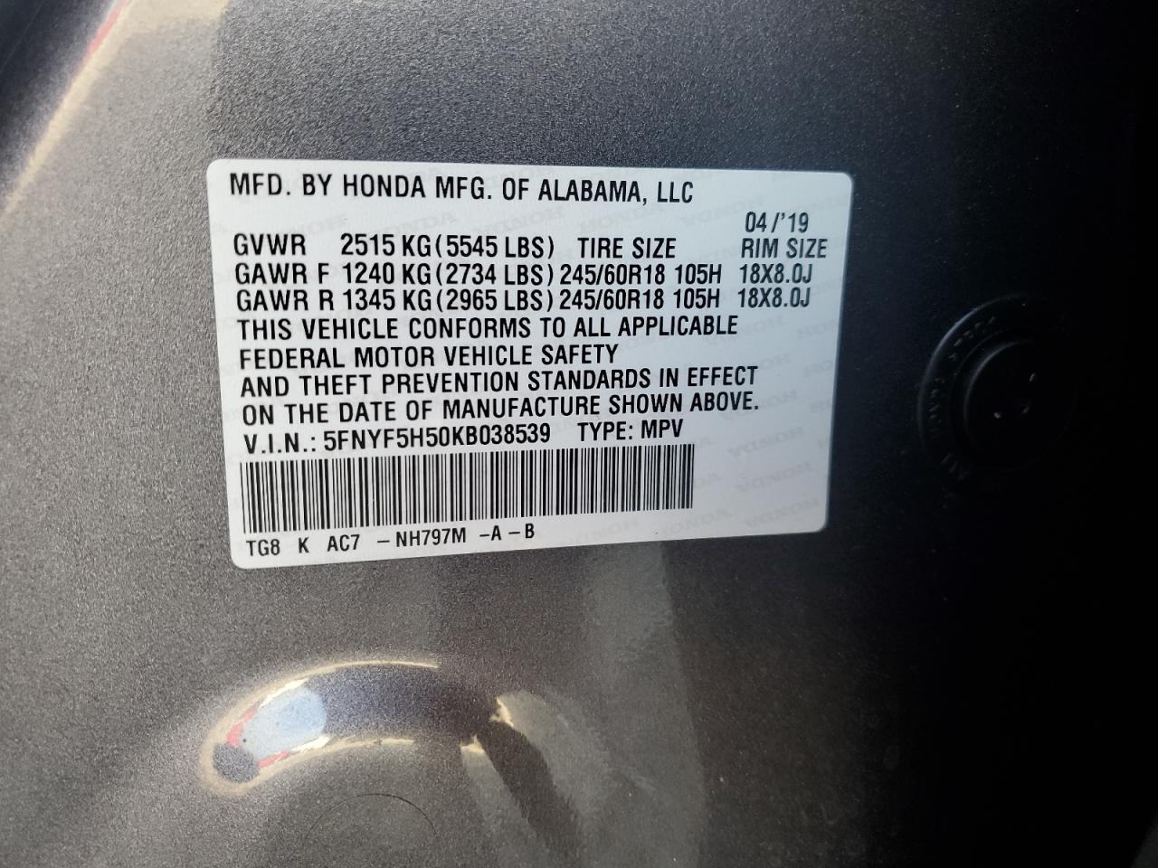 2019 Honda Pilot Exl VIN: 5FNYF5H50KB038539 Lot: 63748064