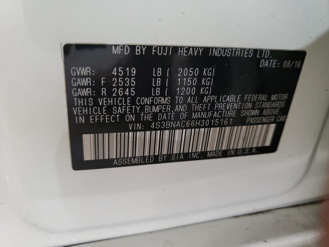 2017 Subaru Legacy 2.5I Premium VIN: 4S3BNAC66H3015161 Lot: 63281774