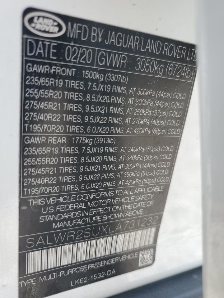 2020 Land Rover Range Rover Sport Hse VIN: SALWR2SUXLA731232 Lot: 62658944