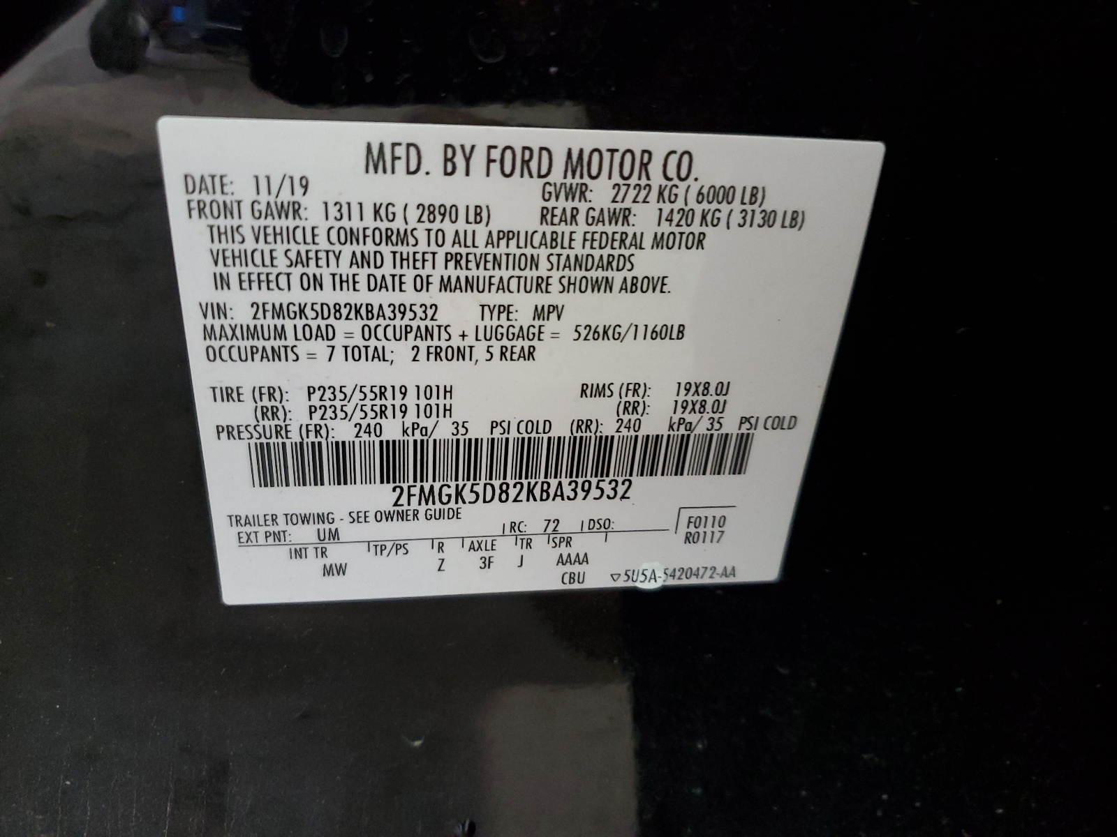 2FMGK5D82KBA39532 2019 Ford Flex Limited