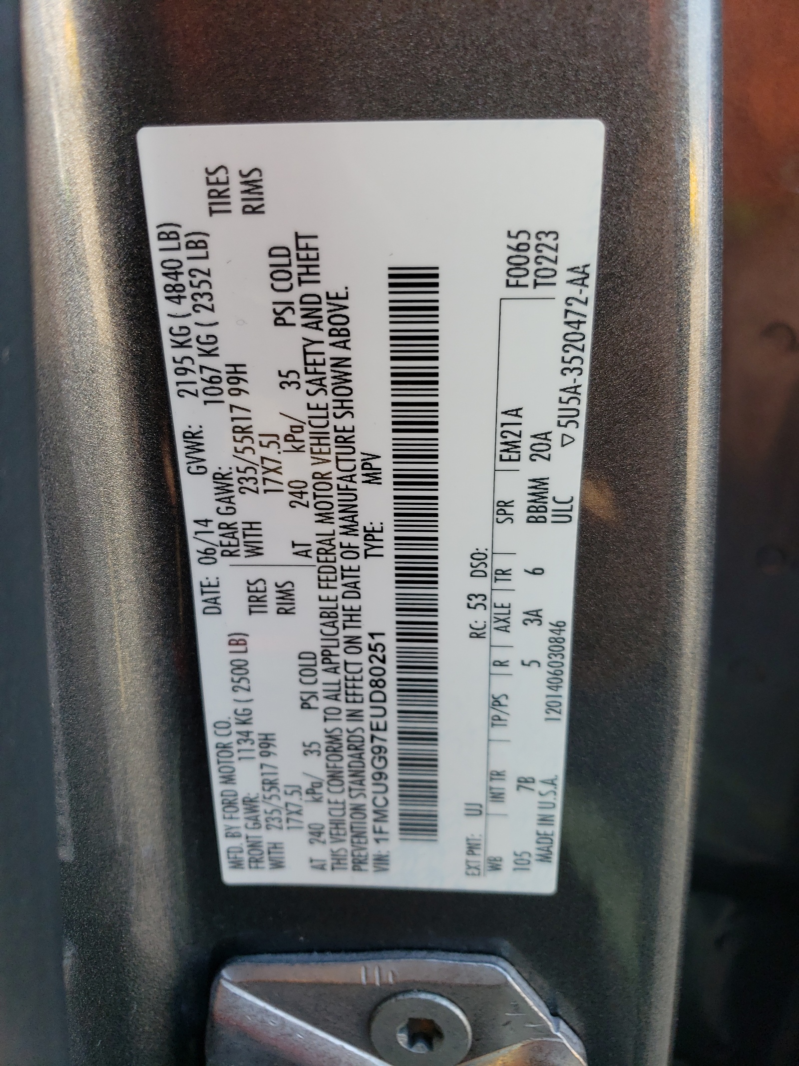 1FMCU9G97EUD80251 2014 Ford Escape Se