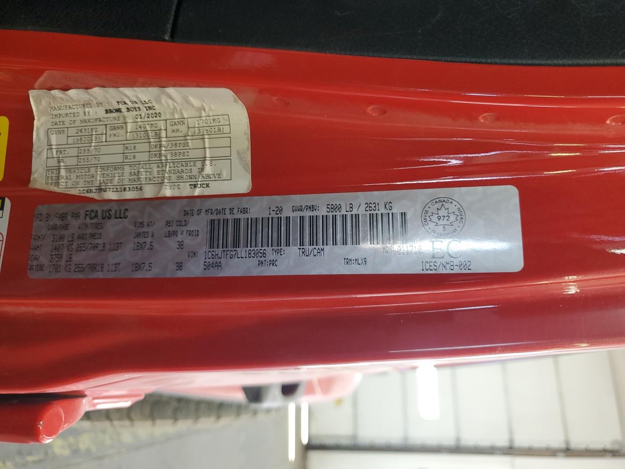 2020 Jeep Gladiator Overland VIN: 1C6HJTFG7LL183056 Lot: 63139414