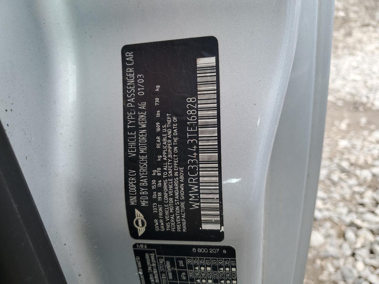 2003 Mini Cooper VIN: WMWRC33443TE16828 Lot: 64236104