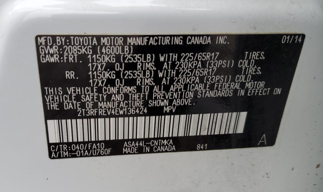 2T3RFREV4EW136424 2014 Toyota Rav4 Xle