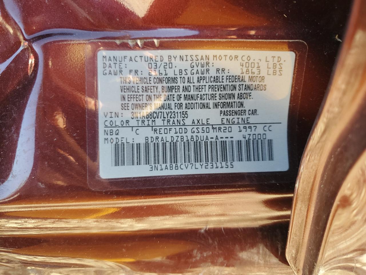 2020 Nissan Sentra Sv VIN: 3N1AB8CV7LY231155 Lot: 61853534