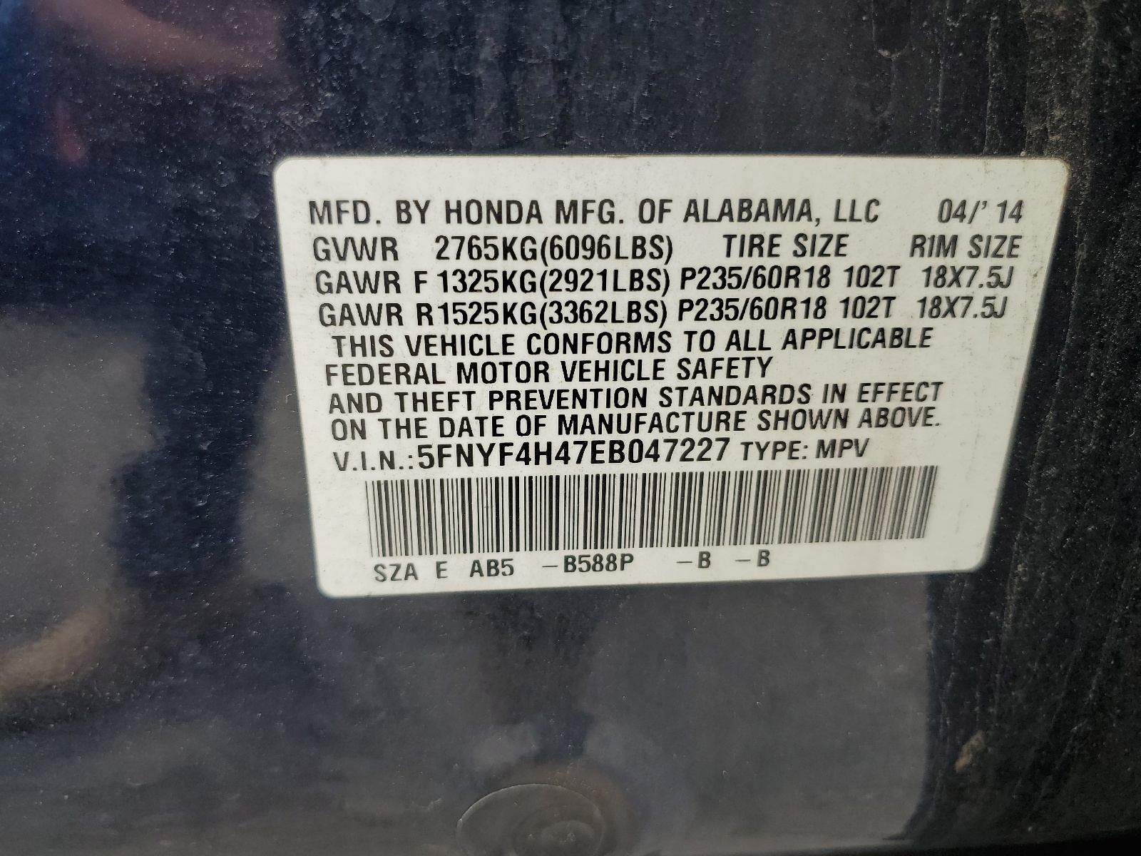 5FNYF4H47EB047227 2014 Honda Pilot Ex