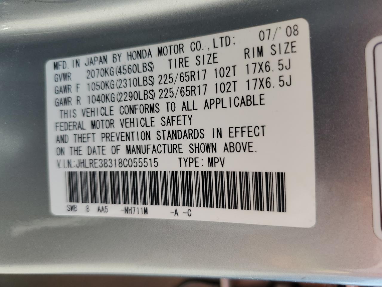 2008 Honda Cr-V Lx VIN: JHLRE38318C055515 Lot: 64011334