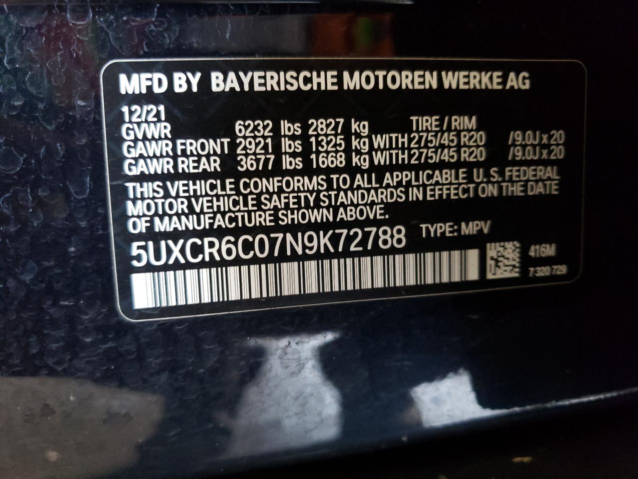 2022 BMW X5 xDrive40I VIN: 5UXCR6C07N9K72788 Lot: 63419294