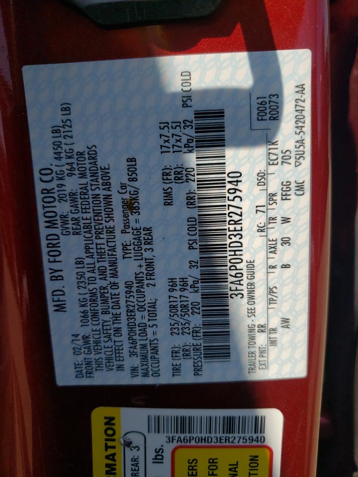 2014 Ford Fusion Se VIN: 3FA6P0HD3ER275940 Lot: 64761764