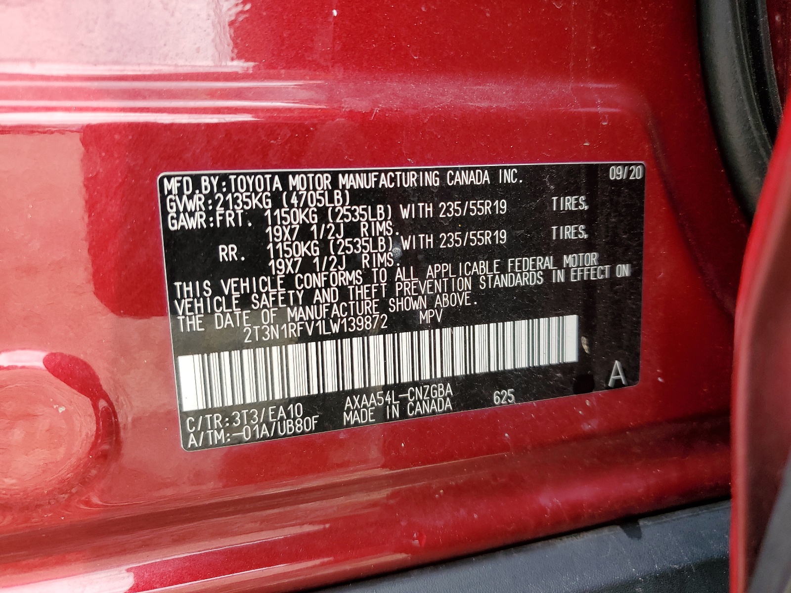 2T3N1RFV1LW139872 2020 Toyota Rav4 Limited