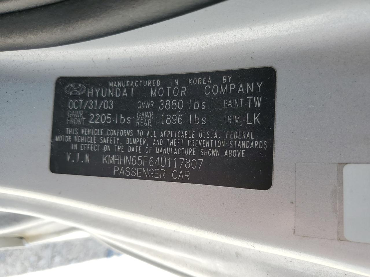 2004 Hyundai Tiburon Gt VIN: KMHHN65F64U117807 Lot: 64796944