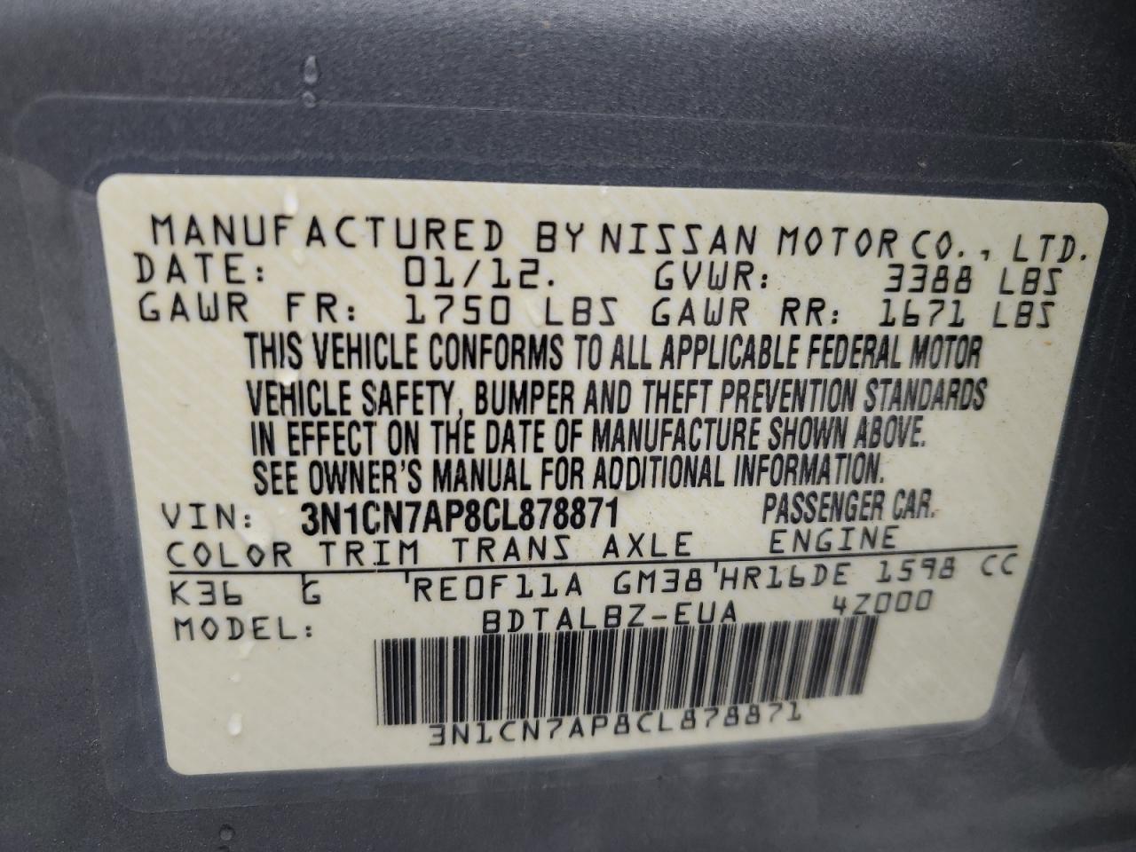 3N1CN7AP8CL878871 2012 Nissan Versa S