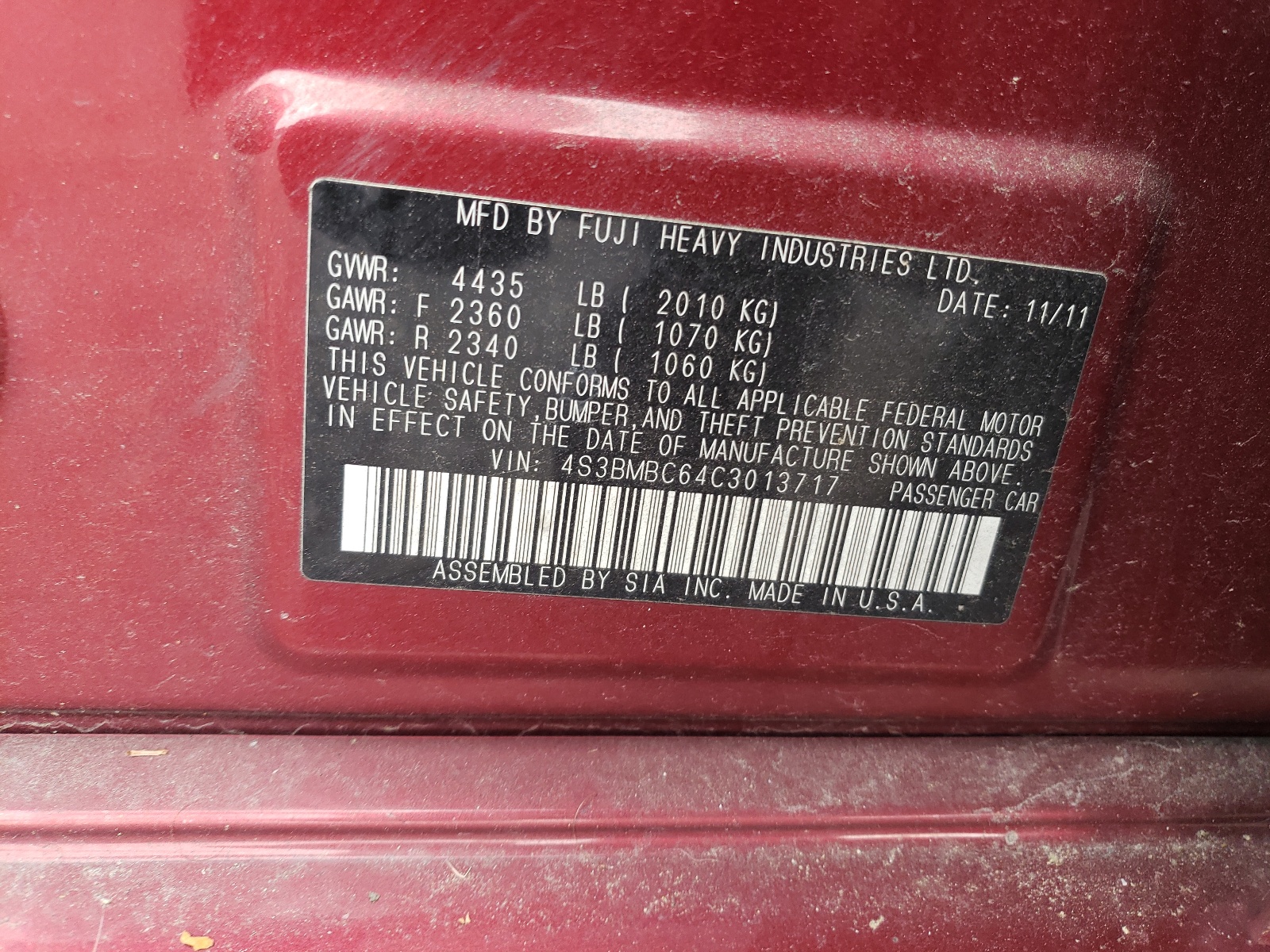 4S3BMBC64C3013717 2012 Subaru Legacy 2.5I Premium