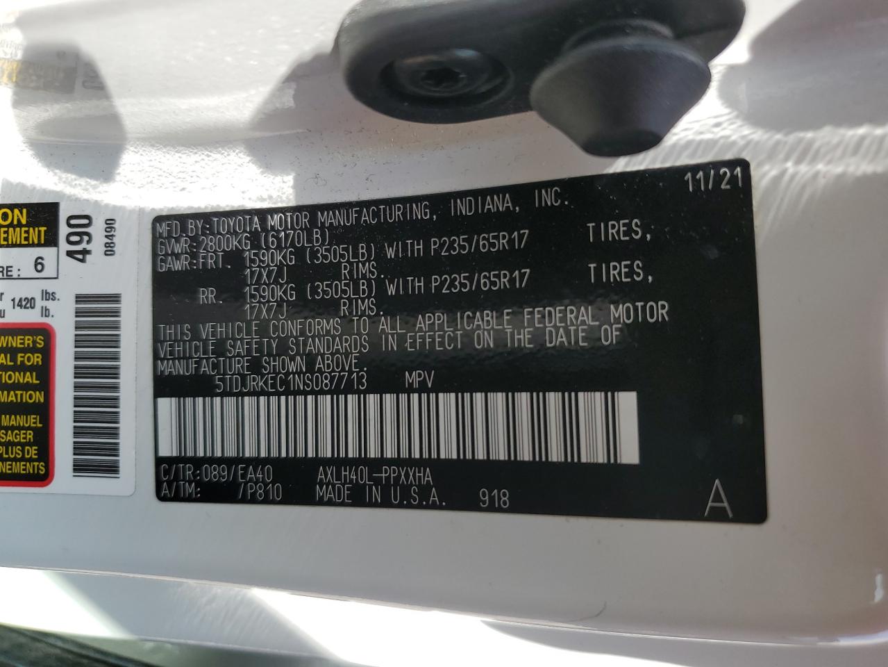 5TDJRKEC1NS087713 2022 Toyota Sienna Xle