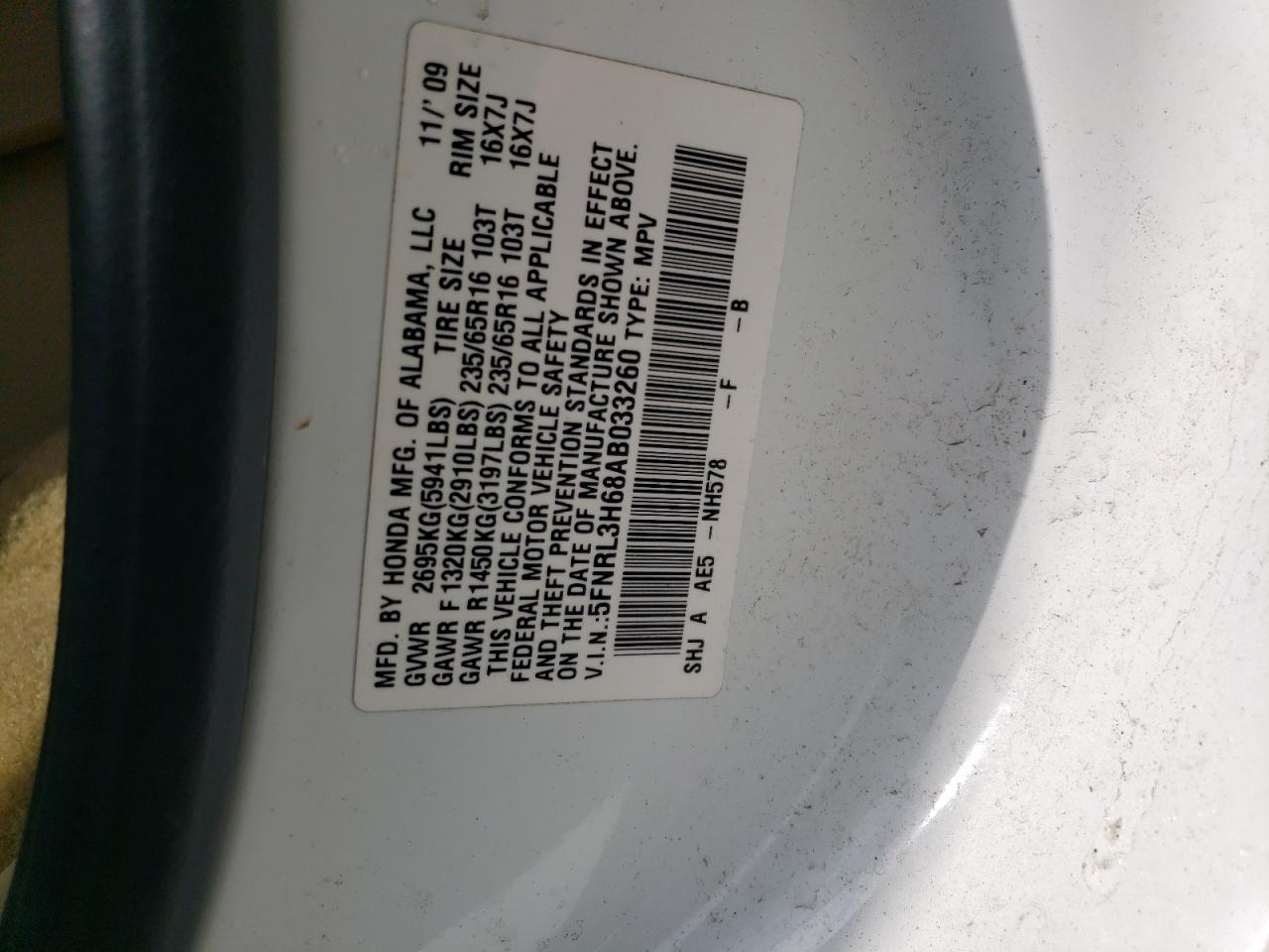 2010 Honda Odyssey Exl VIN: 5FNRL3H68AB033260 Lot: 62657104