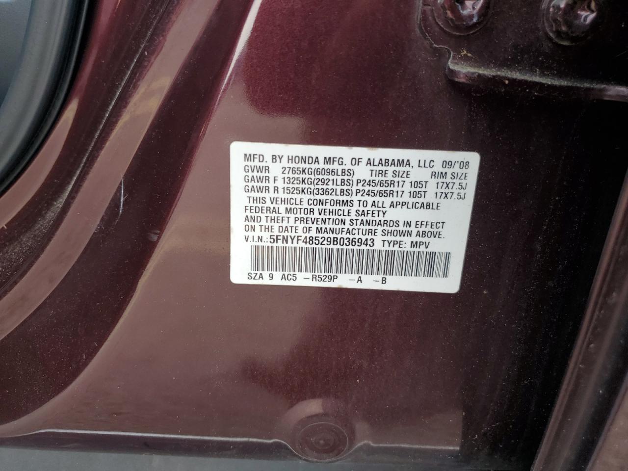 2009 Honda Pilot Exl VIN: 5FNYF48529B036943 Lot: 63669384