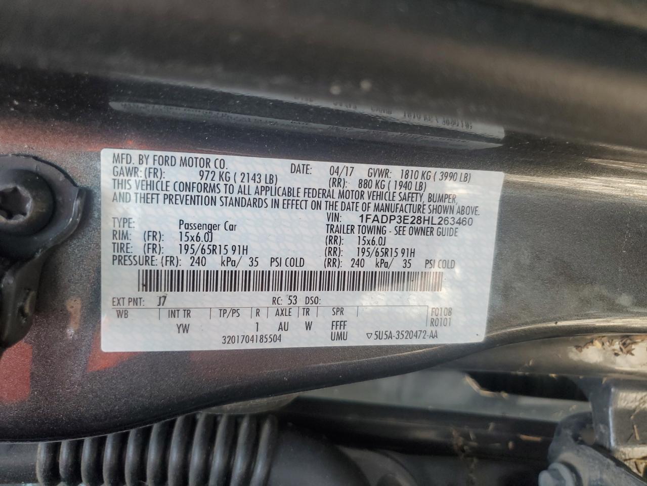 1FADP3E28HL263460 FORD FOCUS 2017