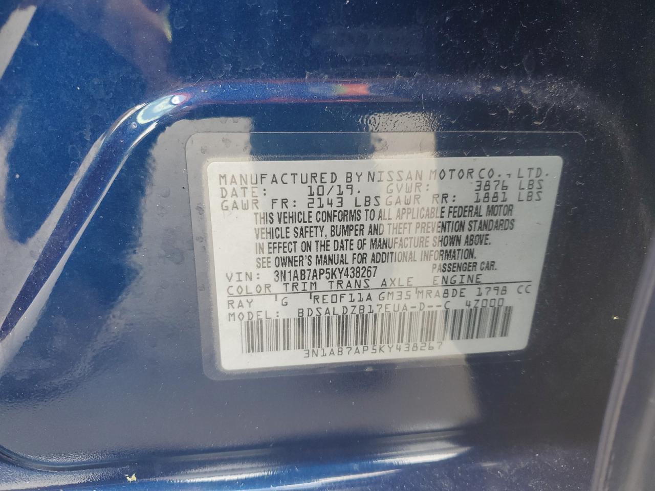 3N1AB7AP5KY438267 2019 Nissan Sentra S