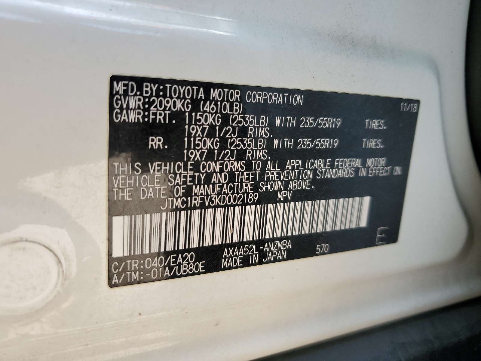 JTMC1RFV3KD002189 2019 Toyota Rav4 Xle Premium