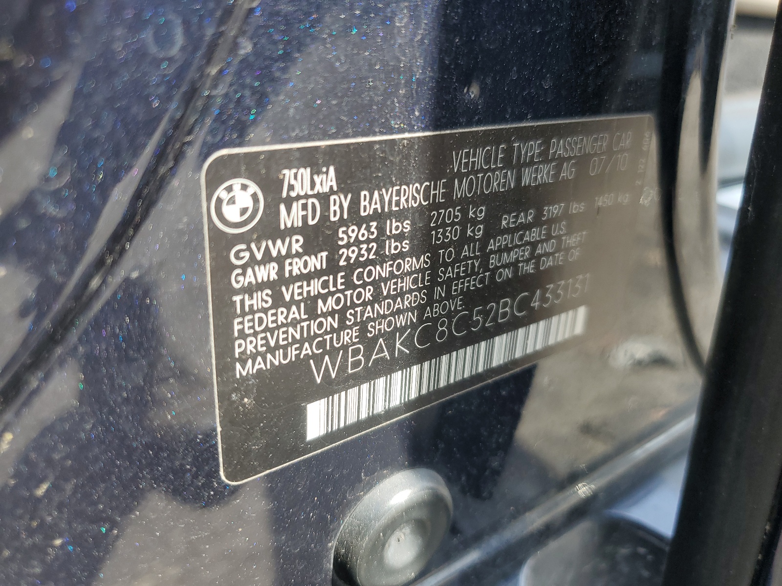 WBAKC8C52BC433131 2011 BMW 750 Lxi