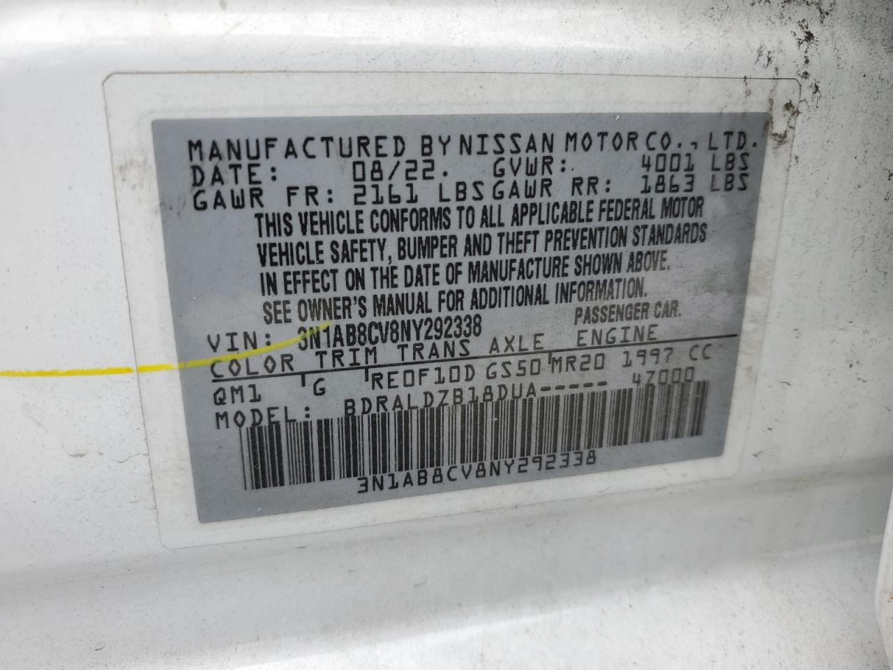 2022 Nissan Sentra Sv VIN: 3N1AB8CV8NY292338 Lot: 63886644