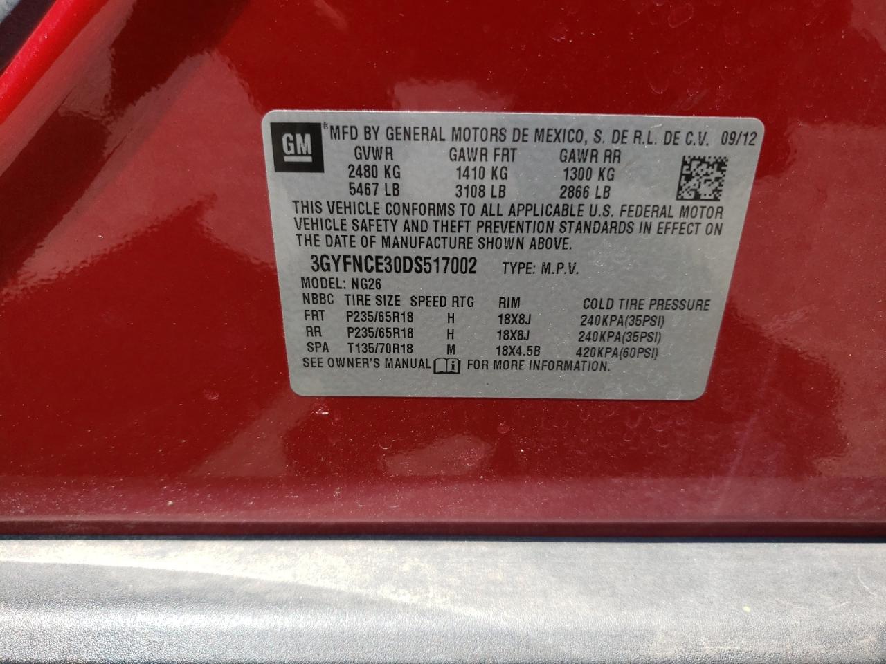 2013 Cadillac Srx Luxury Collection VIN: 3GYFNCE30DS517002 Lot: 62592164