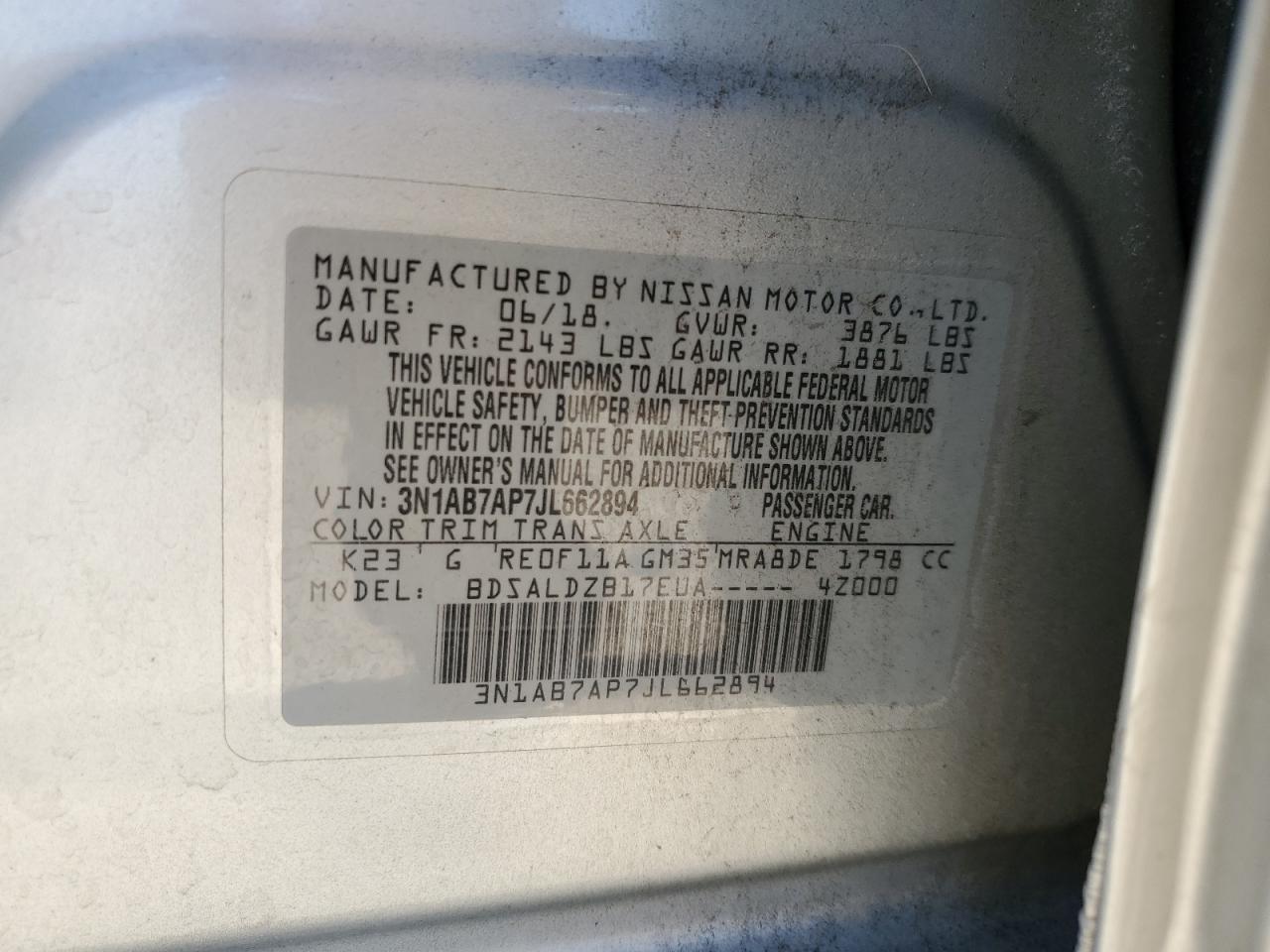 3N1AB7AP7JL66289Q 2018 Nissan Sentra S