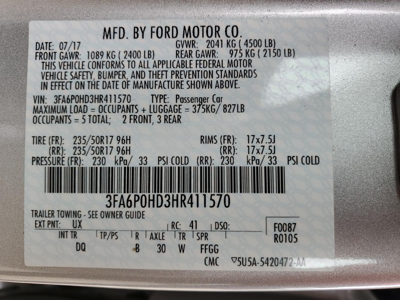 2017 Ford Fusion Se VIN: 3FA6P0HD3HR411570 Lot: 63786844