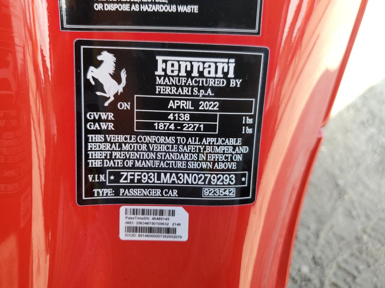 2022 Ferrari F8 Spider VIN: ZFF93LMA3N0279293 Lot: 61409544