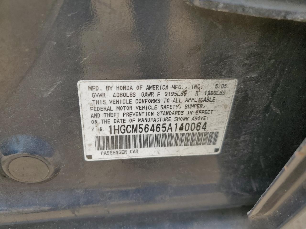 2005 Honda Accord Lx VIN: 1HGCM56465A140064 Lot: 61021914