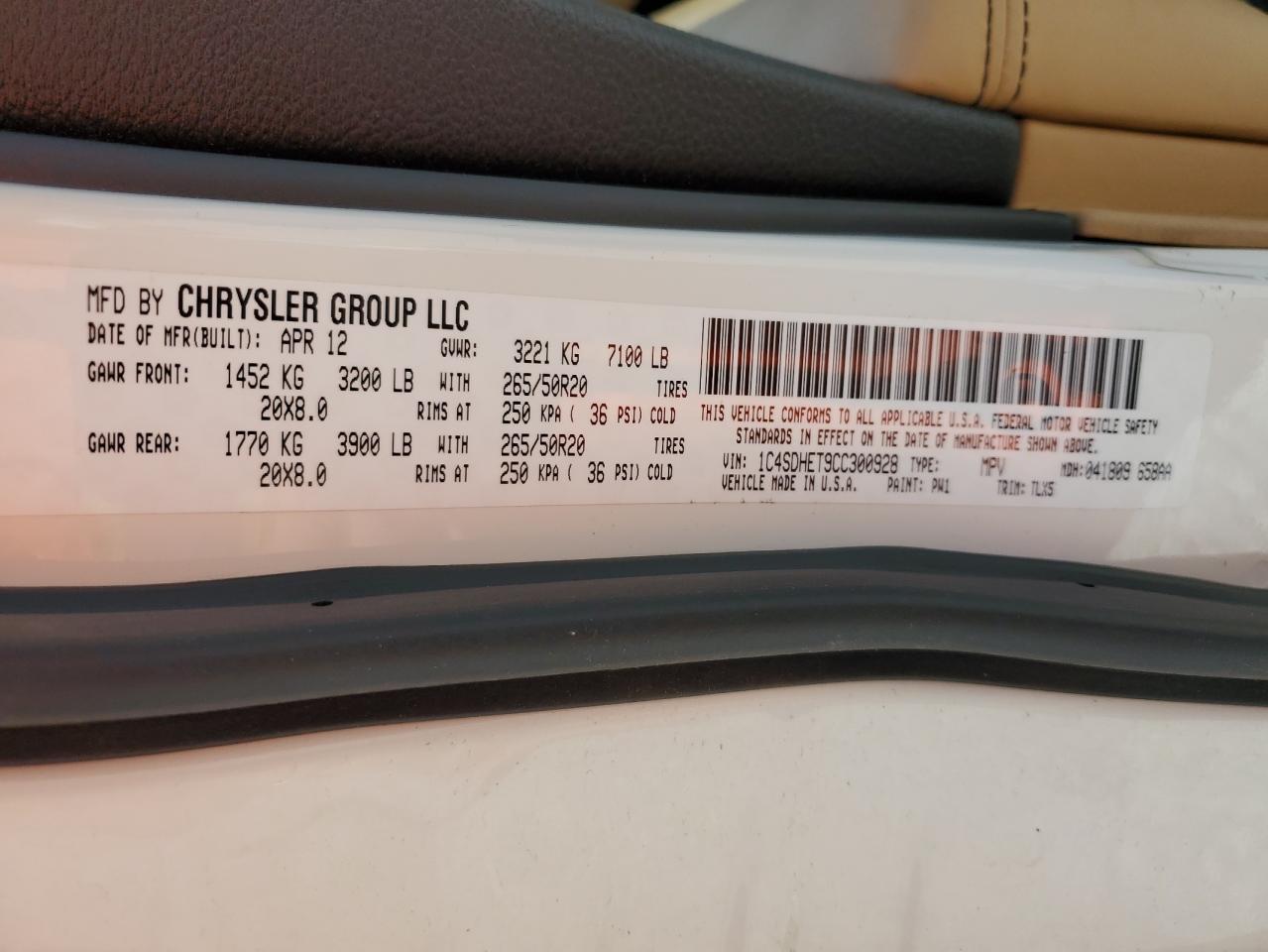 2012 Dodge Durango Citadel VIN: 1C4SDHET9CC300928 Lot: 65155074