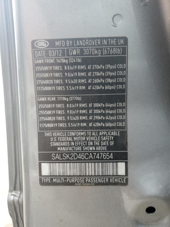 2012 Land Rover Range Rover Sport Hse Luxury VIN: SALSK2D46CA747654 Lot: 64587254