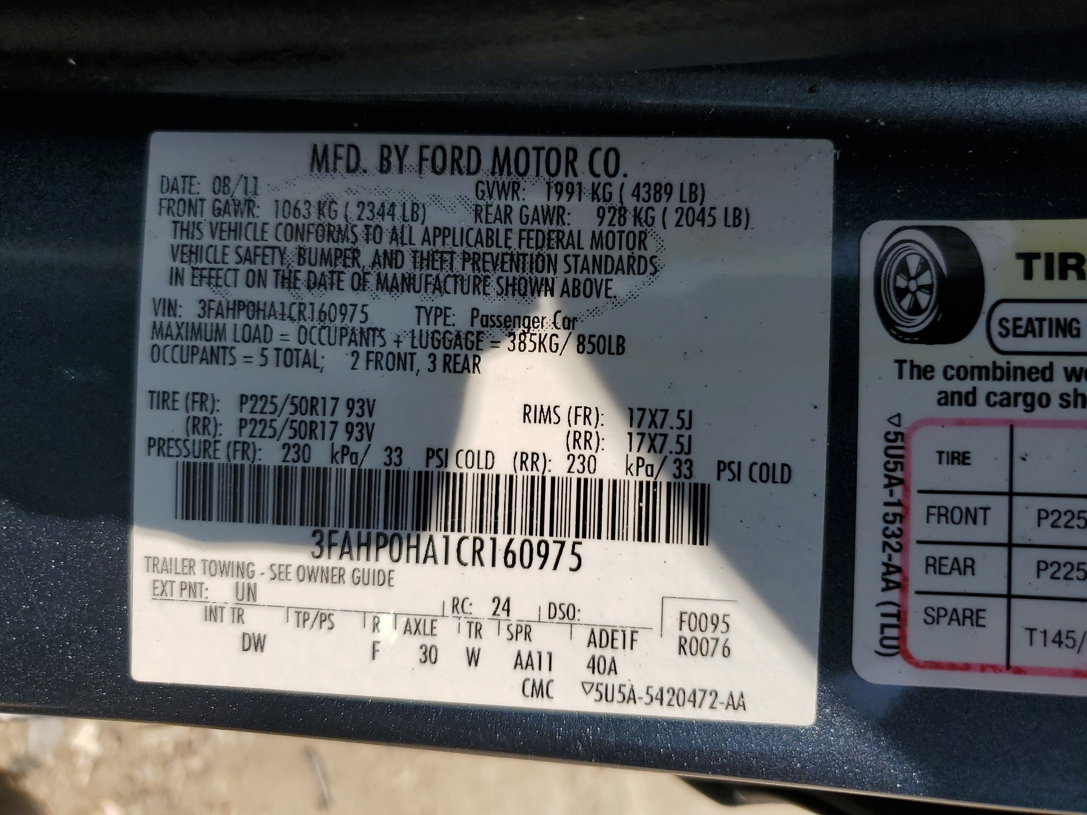 3FAHP0HA1CR160975 2012 Ford Fusion Se