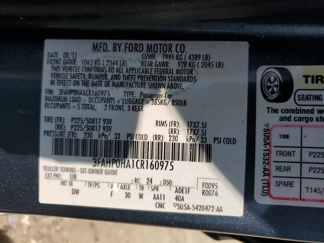 2012 Ford Fusion Se VIN: 3FAHP0HA1CR160975 Lot: 64881684