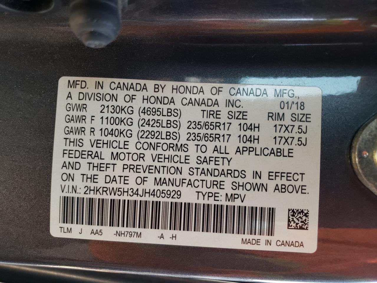 2018 Honda Cr-V Lx VIN: 2HKRW5H34JH405929 Lot: 64120784
