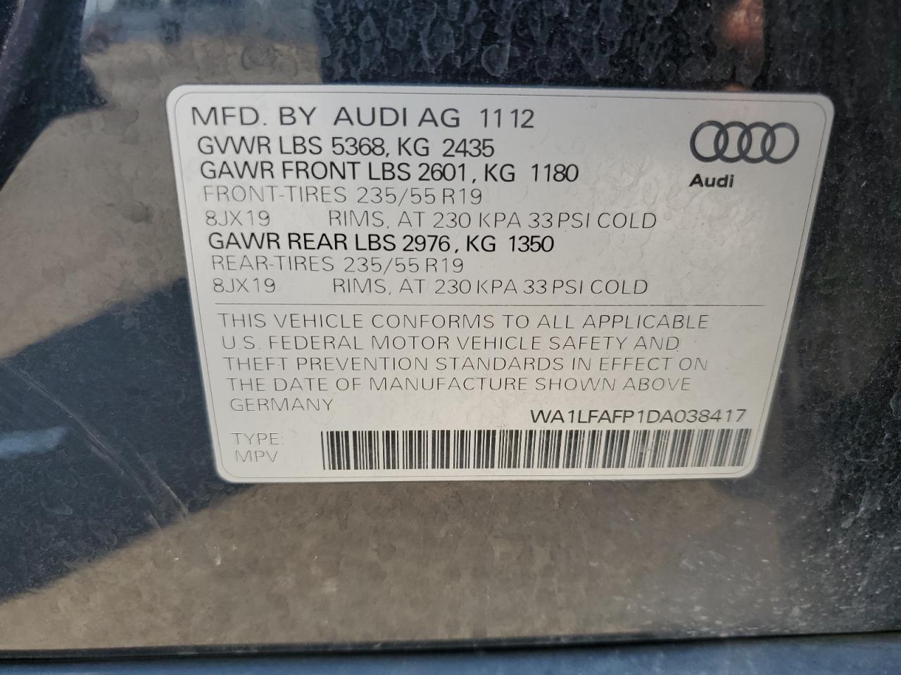 2013 Audi Q5 Premium Plus VIN: WA1LFAFP1DA038417 Lot: 63277034