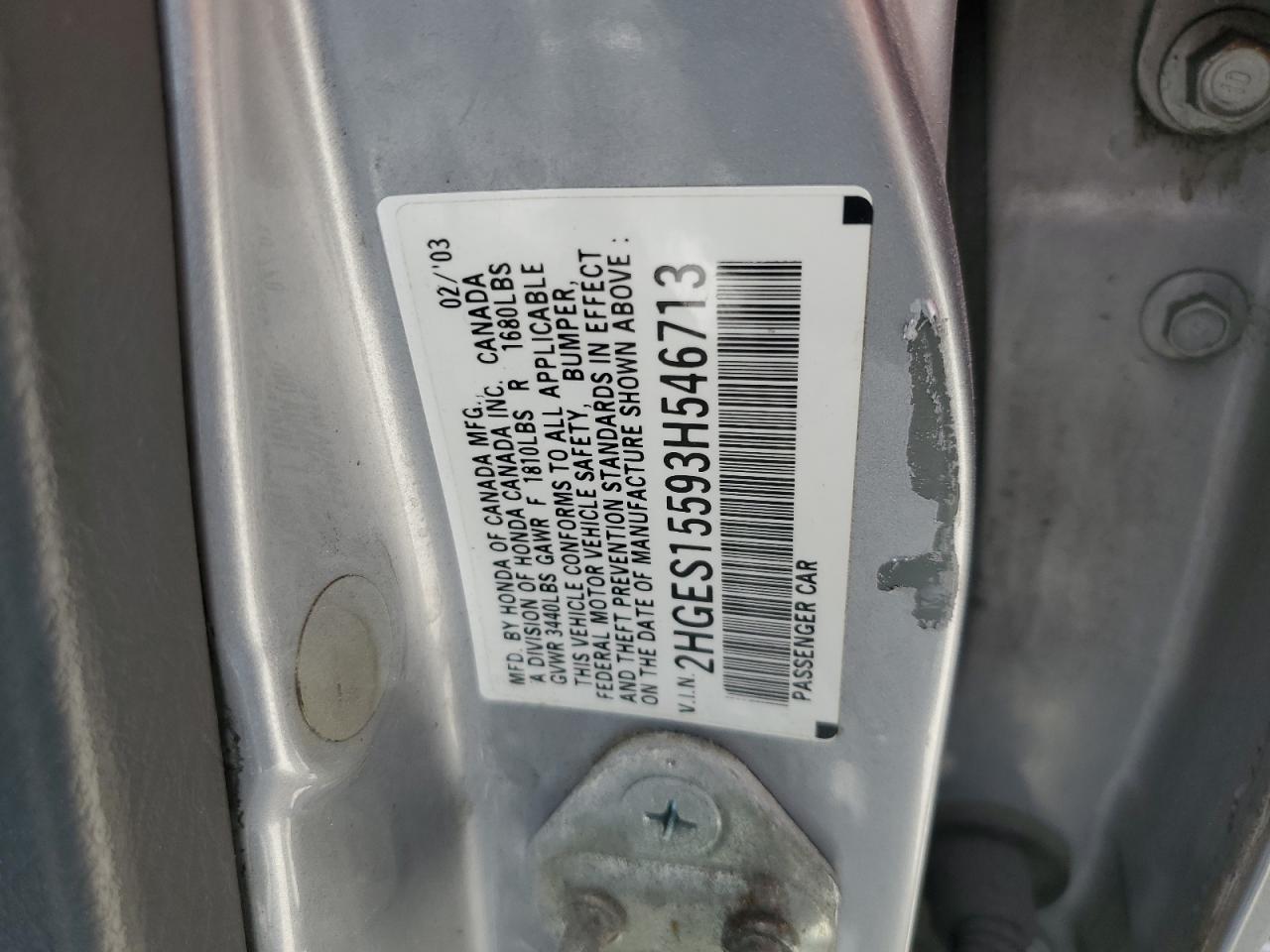 2003 Honda Civic Lx VIN: 2HGES15593H546713 Lot: 64989004