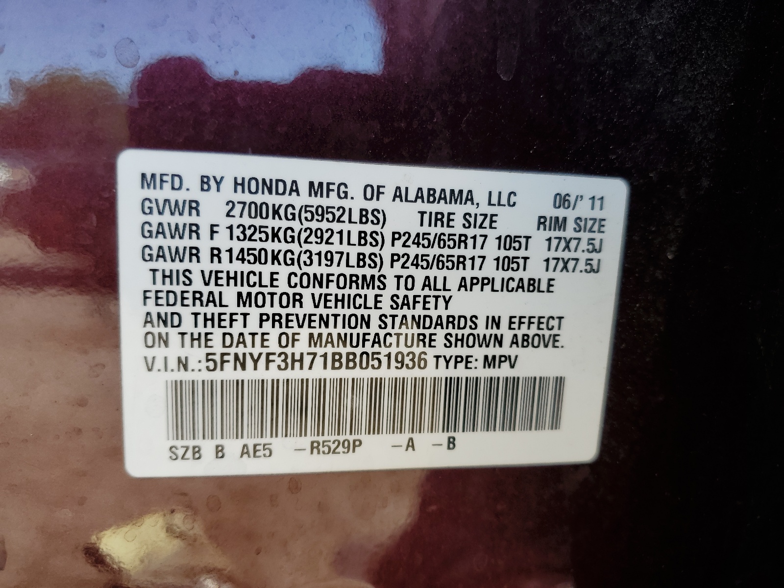 5FNYF3H71BB051936 2011 Honda Pilot Exln