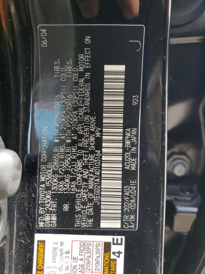 2004 Toyota Highlander VIN: JTEGD21A740103164 Lot: 64809924