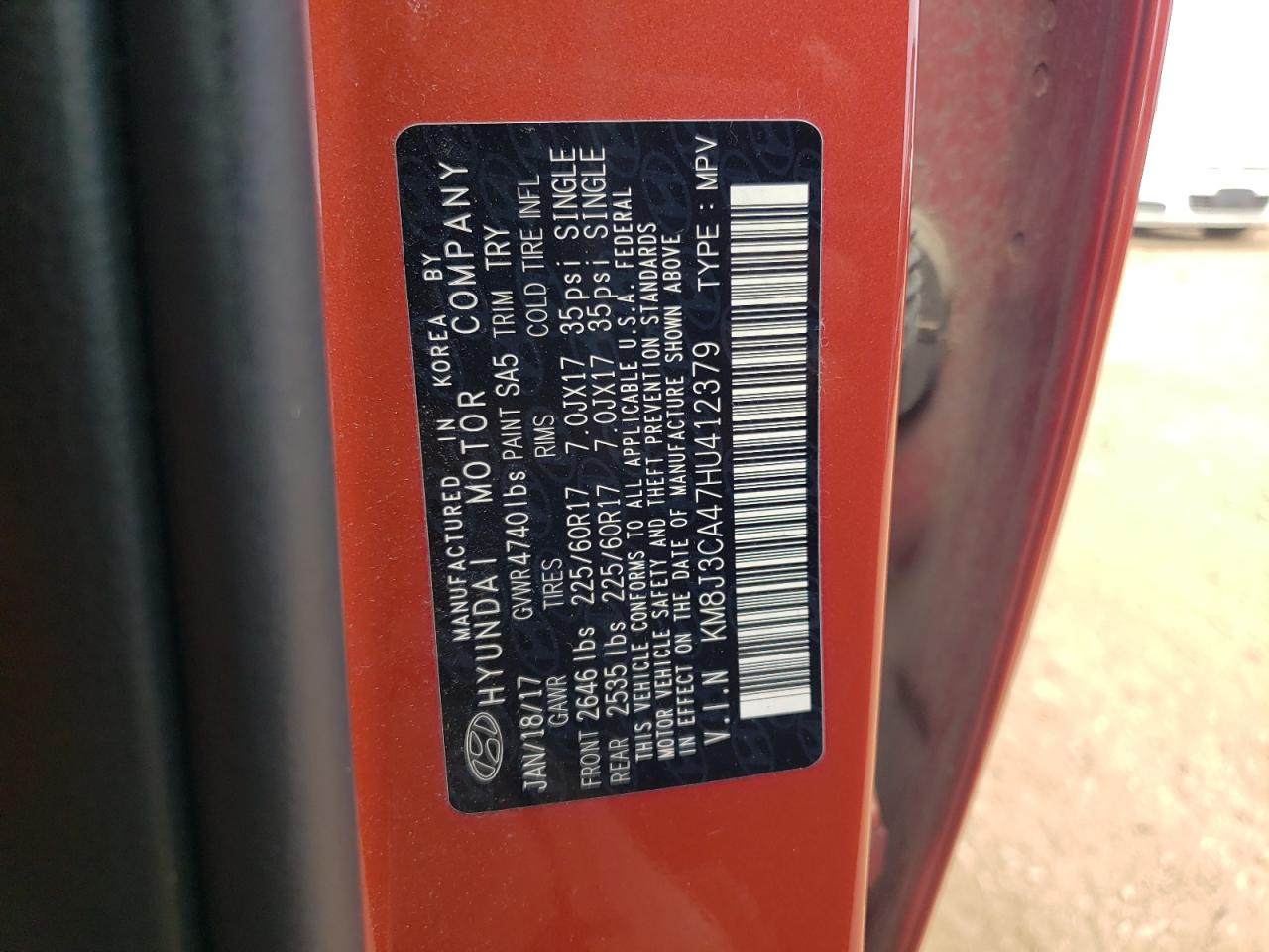 2017 Hyundai Tucson Limited VIN: KM8J3CA47HU412379 Lot: 64095284