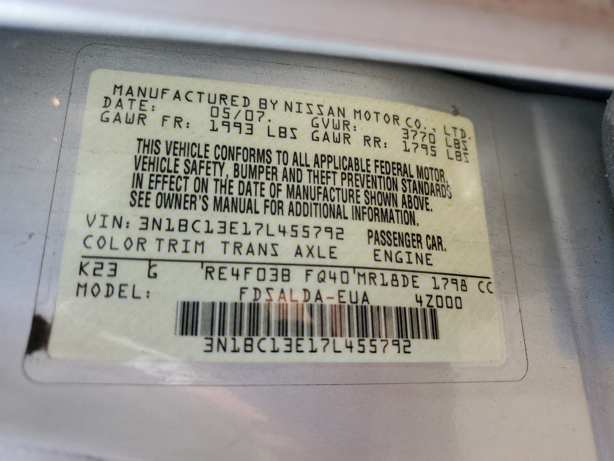 3N1BC13E17L455792 2007 Nissan Versa S